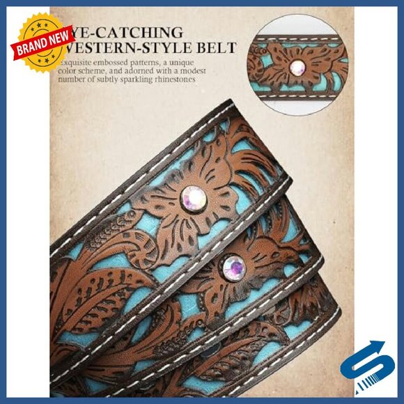 Western Belt with Carved Buckle, PU Leather, 9 Holes, Unisex main image 8